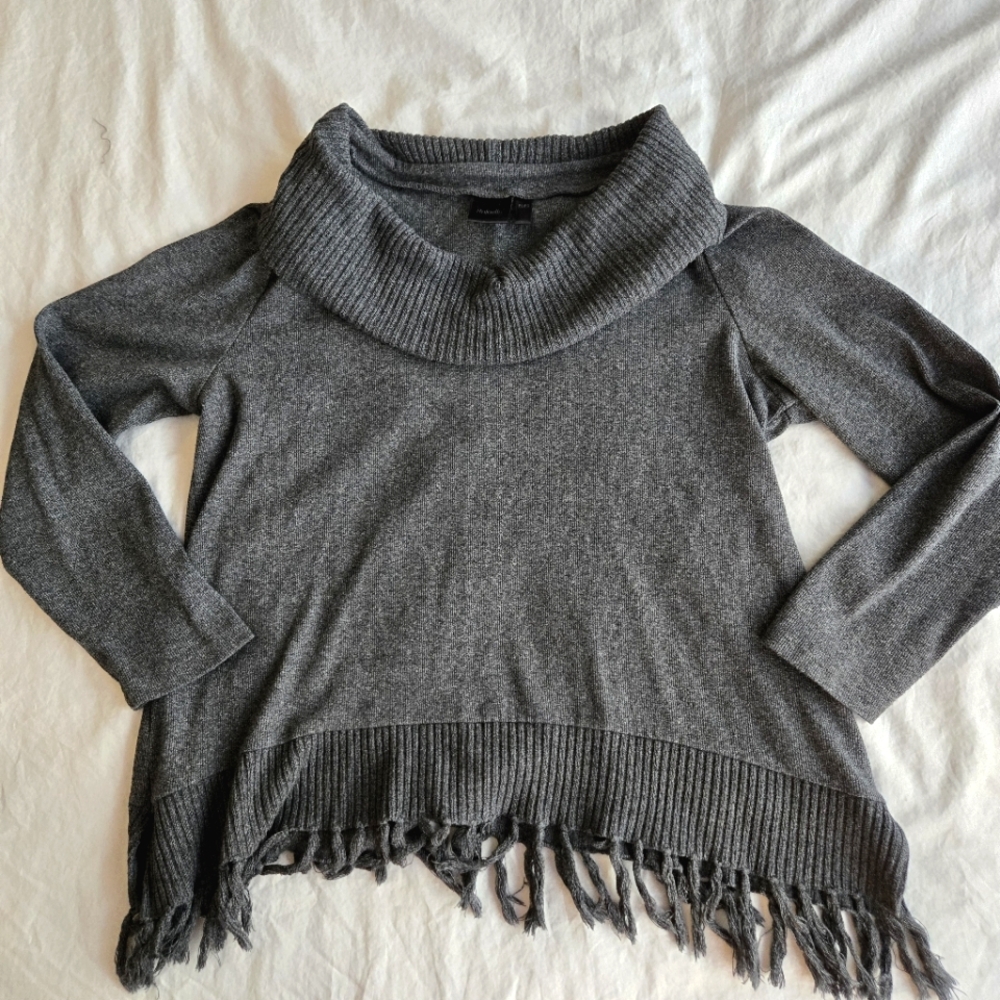 Rafaella sz L Petite grey cowl neck fringe tassel hem cotton blend sweater - Picture 2 of 9